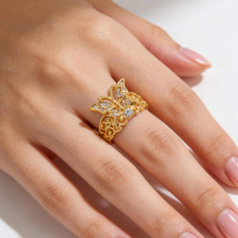 An elegant, classic 14k gold-plated ring with a butterfly design, adorned with sparkling Zirconia stones, suitable for weddings, engagements, everyday wear, gifts, and parties.