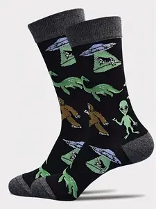 Alien & Ufo Pattern Socks, Unisex Mid-Calf Socks, Unisex Fit, Fun Mystery Design, Trendy Personal Style, Breathable Comfort, Daily Wear Essential, Everyday Essential
