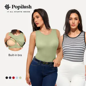 Popilush Women's Sleeveless Tank Top with Built in Bra, Burgundy Fitted Crew Neck Crop Top, Soft Stretchy Casual Workout Shirt for Summer