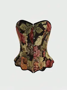 New Embroidered Print Laceless Women's Body Shaping Adjustable Fishbone Corset Top, Retro Style Waist Cinching Bustier, All Seasons Fashion