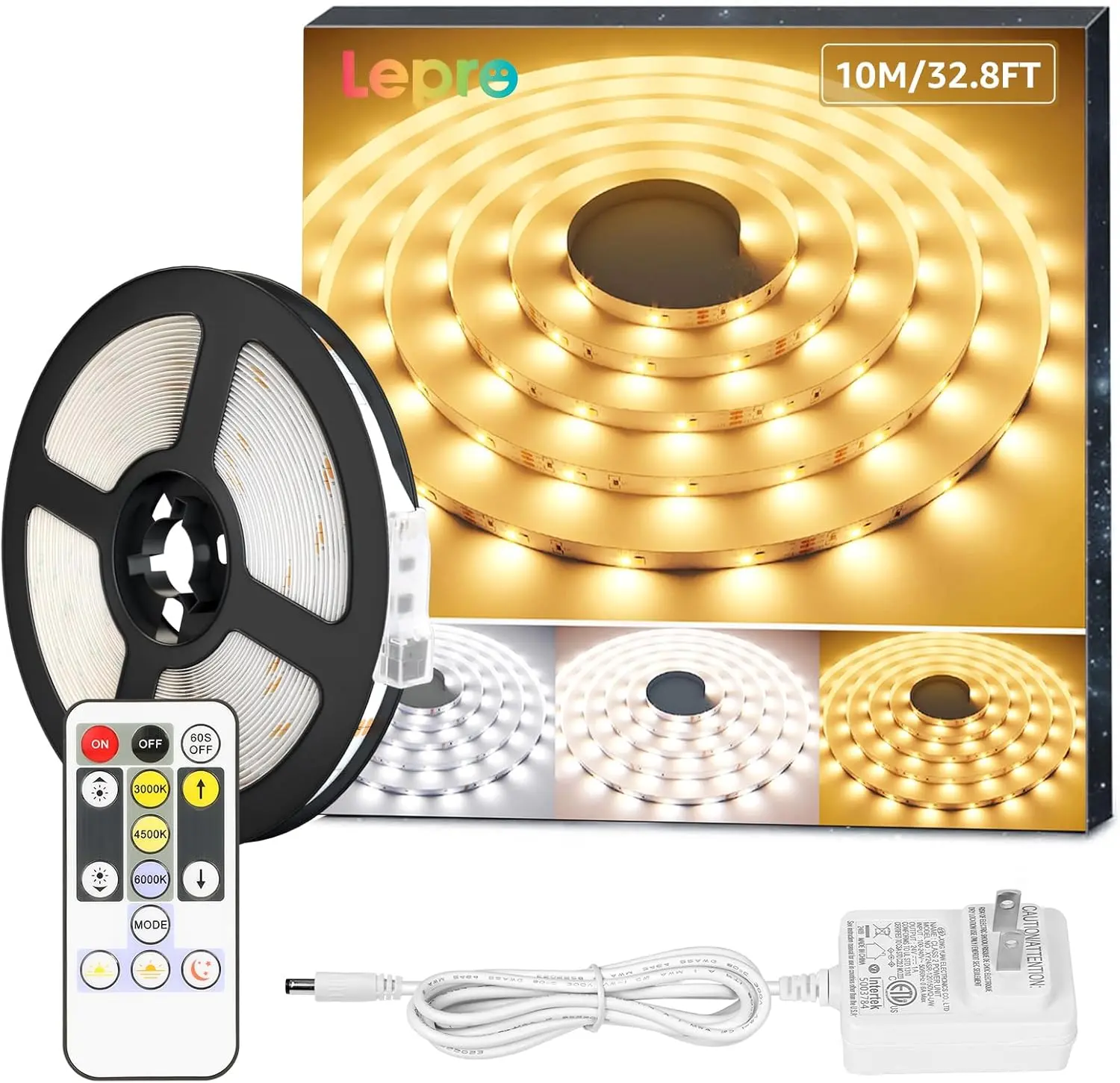 24V DC Power Supply Smart WiFi LED Strip Lights (10m/32.8ft, 600 LEDs 2835), 1.5A 20W Tunable White Tape Light - Remote Control Dimmable Warm to Cool White, Strong 3M Tape, Non-Cuttable for US Indoor Bedroom Christmas Decor