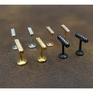 18G Clear CZ Bar Flat Back Stud Earrings, 16G Threadless Push Pin Gold Tone AB Crystal Bar Rings,  20G Unique Cubic Zirconia Stud Earrings