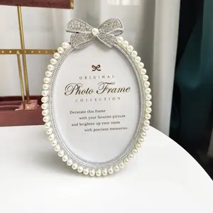 1pc Silver Edge Bow Rhinestone Abs Pearl Oval 6 Inch 7 Inch Photo Frame Love Love 5 Inch Photo Frame Table Children Family Couple Photo Creative Table Photo Random