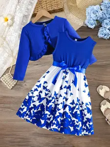 Two-Piece Set Toddler Girl's Co-ord Set, Casual Long Sleeve Top & Sleeveless Belted Dress for Daily Wear, Baby Clothing, Kids Clothing for All Seasons