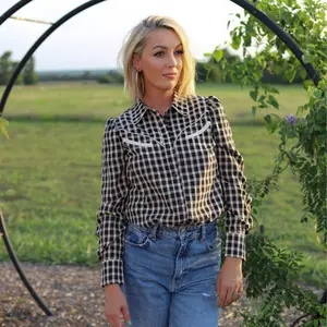 Black Gingham Western Puff Sleeve Pearl Snap