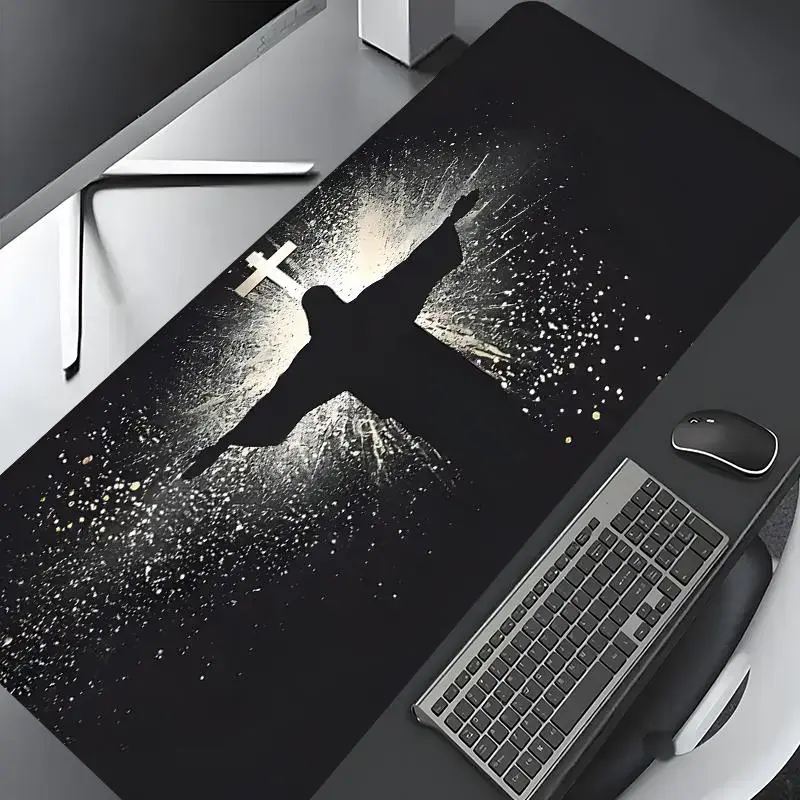 Jesus & Cross Illuminated Design Gaming Mouse Pad, Desktop Protection Pad, Non-Slip Rubber, Washable, Stitched Edges, Multi-Size Desktop Pad for Home Office, Gift for Family and Friends
