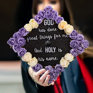 Black Glitter Graduation Cap Topper with Flowers, The Lord Has Done Great Things For Me, Graduation Cap Decorations, Class of 2024 Grad Cap Topper