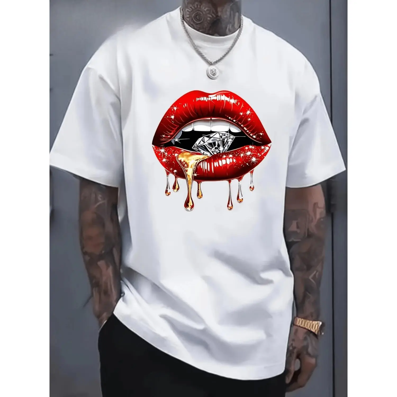 Men's Short-Sleeve Round Neck Loose-Fitting Graphic T-Shirt - Red Lip Diamond Print, Lightweight, Breathable, Machine Washable Casual Streetwear Top, Shortsleeve, All Seasons, Menswear, Tshirt, Cotton, High Def, Normal Type