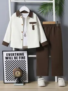 Autumn Winter New Boys' Preppy Style Shirt & Pants Set, Patchwork Shirt + Casual Pants, School & Leisure Outfit