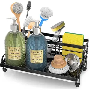 Large Kitchen Sink Caddy Organizer, Rustproof Non-Slip Soap Dish Dispenser Brush, Sponge Holder for Kitchen Sink, Kitchen Organization and Storage, Home Essentials Accessories(Black) Hollow Rack