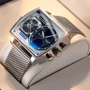 FEICE Black Multi-function Men's Watch Square Large Dial Fashion Luminous Waterproof Quartz Watch Personalized Silver Rare Chronograph Watch men Luxury sport dual display Industrial Retro Punk Dual Movement Watch