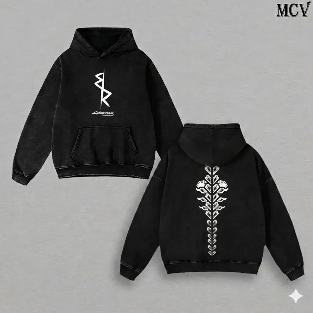 Cyberpunk Anime Inspired Double Print Washed Hoodie, Heavyweight Streetwear Pullover