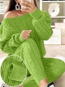 Two-Piece Set for Autumn and Winter, Long Sleeve Pullover Crop Sweater with Knit Long Pants, Casual Minimalist for Everyday Wear, Womenswear