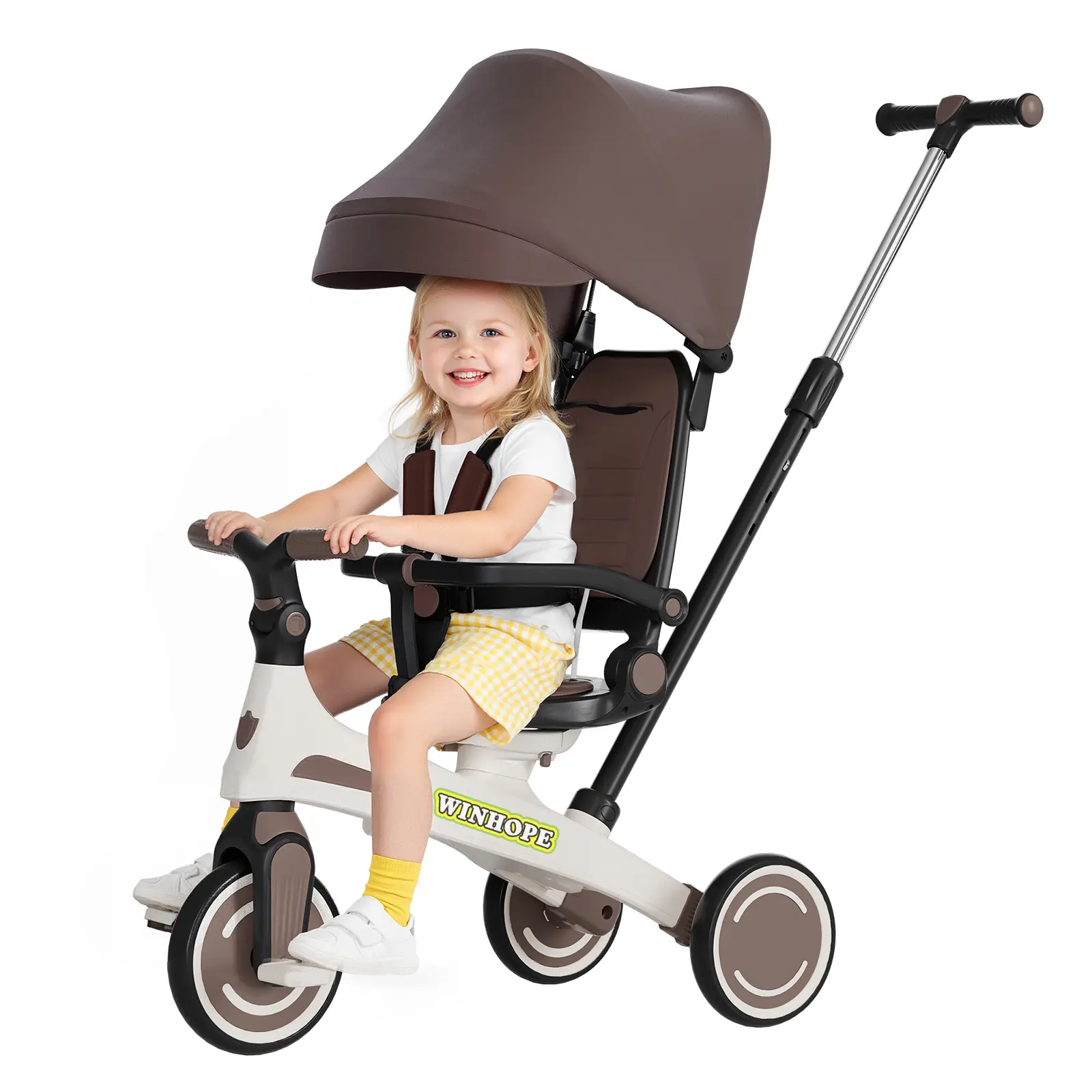 Winhope 6-in-1 Children’s Tricycle (for ages 1–6 years), includes a push handle, sunshade, and EVA shock-absorbing wheels; supports stroller mode, pushing, and riding; suitable for both boys and girls; usable indoors and outdoors.