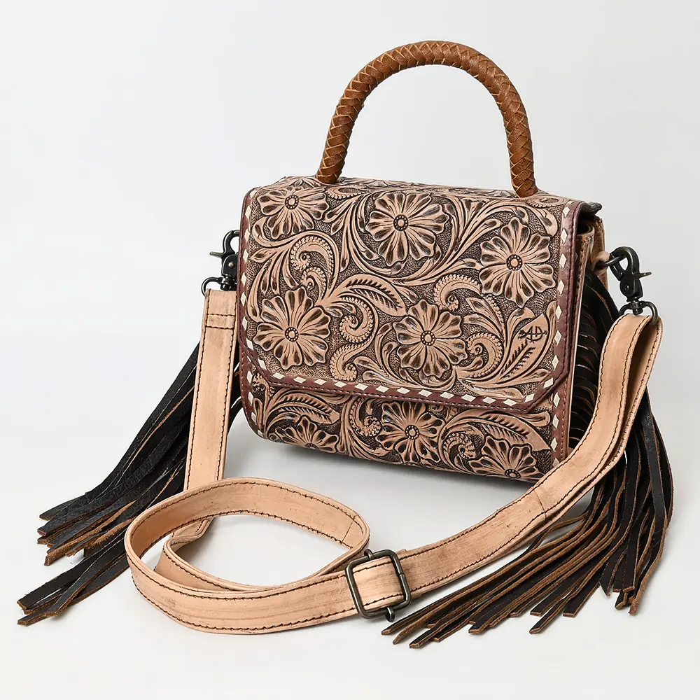 American Darling Hand-Tooled Genuine Leather Messenger Bag with Floral Carving Fringe Buck-Stitching & Crossbody Strap