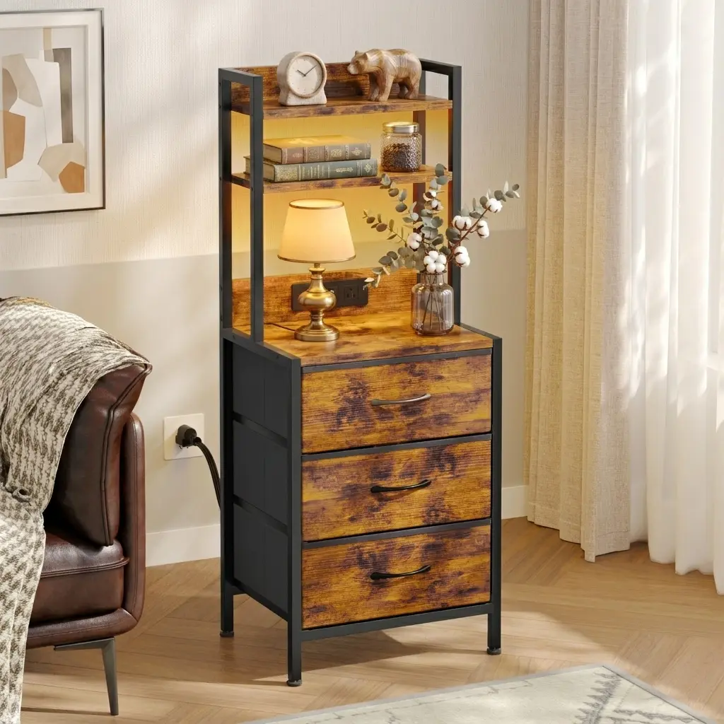 FIXWAL Tall LED Nightstand with Charging Station, 3-Drawer Bedside Table & Storage Organizer for Bedroom, Dorm Room & Home Office - Rustic Brown