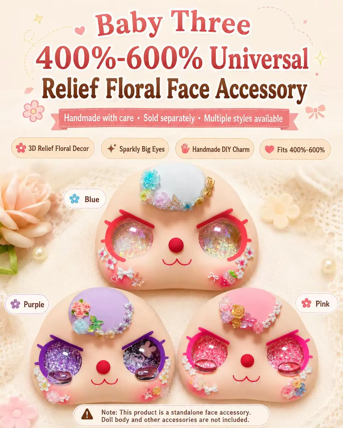 Baby Three Replacement Face Plate 400%-600% – 3D Floral Design with Slow-Flow Glitter Eyes – DIY Handmade Doll Accessory for Collectors Custom