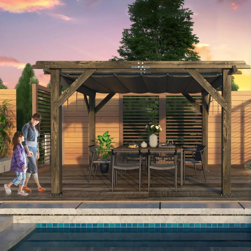 GARVEE 10 X 12 Ft Wood Pergola with Retractable Sunshade Canopy, Solid Structure, Outdoor Pergola for Deck, Garden, Backyard - Charcoal Gray