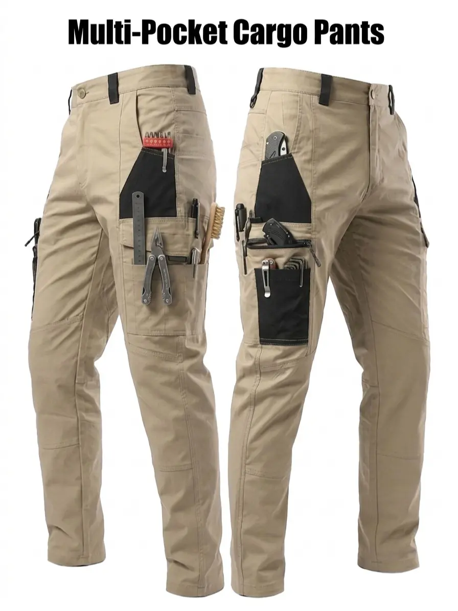 Men's Long Cargo Pants - Casual Loose-Fit Polyester Fiber Basics, Multi-Pocketed Abrasion-Resistant Carpenter Pants for Construction Work & Outdoors, Casual Loose Pocket, Auto Repair, Fabric, Full-Length, Loose-Fitting