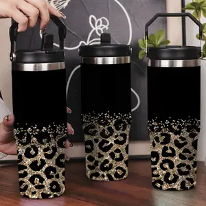 30oz Stainless Steel Insulated Tumbler with Leak-Proof Lid & Portable Handle - Gold sequined leopard print design,Long-Lasting Hot/Cold Insulation,Perfect for Car,Office,Travel and Birthday Gifts, Travel Drinkware,Horse Drink Water Bottles