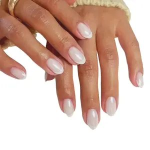 10Pcs Handmade Press On Nails Kit Middle Almond White Transparent French Mirror Powder Elegant Minimalist Old Money Japanese Modern Korea Chic Fresh Design Neutral Classical Creative Glossy Finish Shimmery Obreme