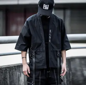 Wsy5002 Niepce Black Streetwear Fashion Japanese Kanji Kimono Shirt