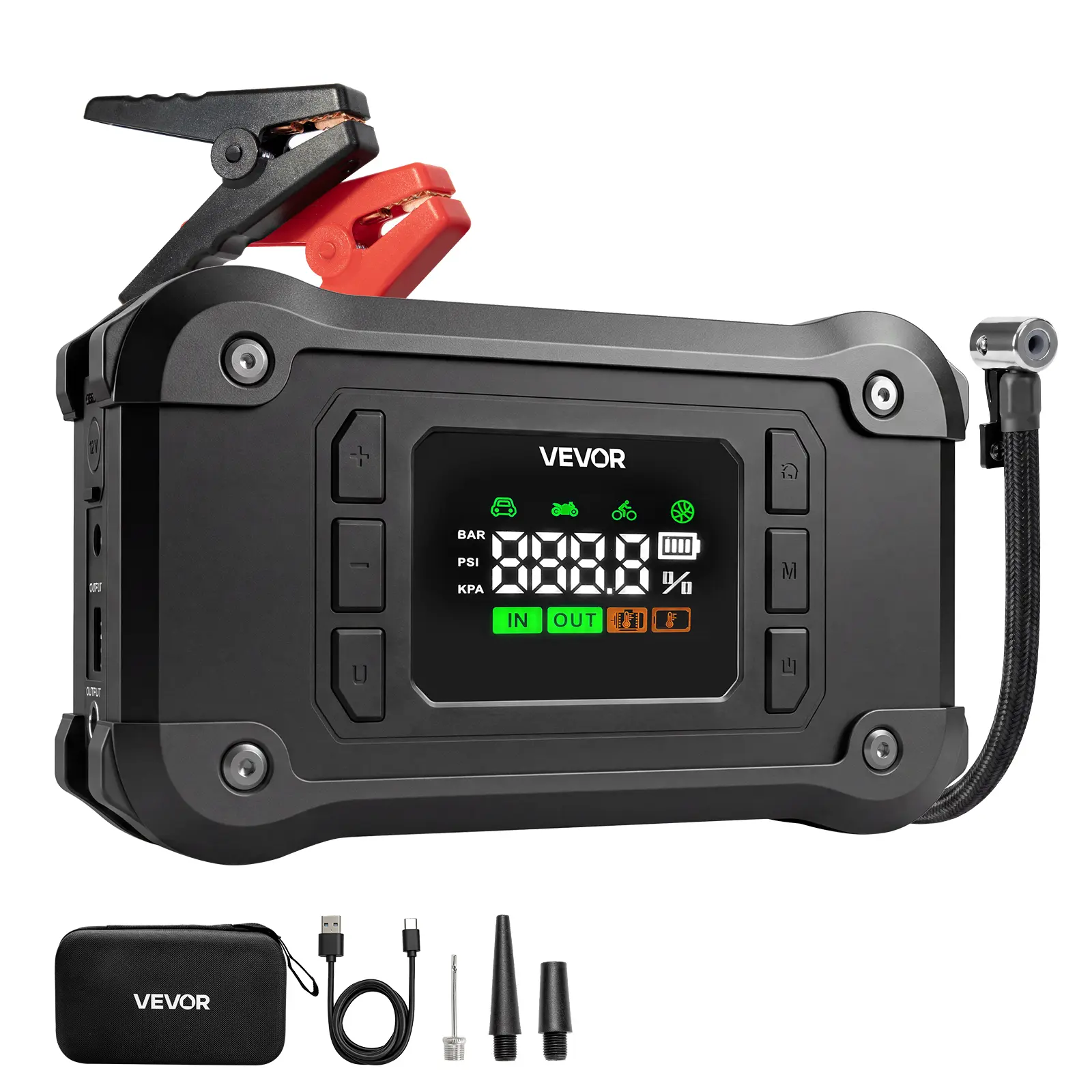 VEVOR Jump Starter with Air Compressor 8000A Peak Car Battery Jump Box, Portable for 9.0L Gas / 8.0L Diesel, 150 PSI Auto-Shutoff Tire Inflator, Power Bank, 12V Battery Charger, with LED Flashlight