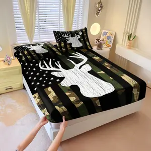 3pcs Camouflage Flag Print Fitted Sheet Set, A Retro Hunting-Themed Bedding Set, Warm and Comfortable, Suitable for All Seasons, Perfect for Outdoor Hunting Enthusiasts' Bedroom Decor, No Filling, Bed Sheets Set