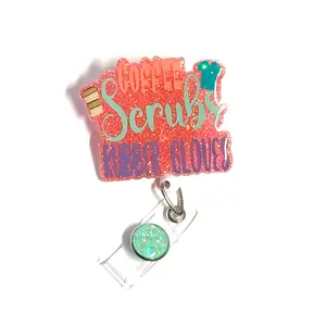 Coffee Scrubs & Rubber Gloves Badge Reel, 2”,  Retractable Swivel Alligator Clip, Nurse, Lab, Pharmacy
