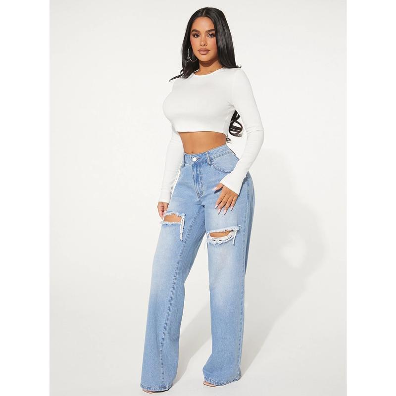 SHEIN SXY Single Button Cut Out Ripped Frayed Wide Leg Jeans SHEIN