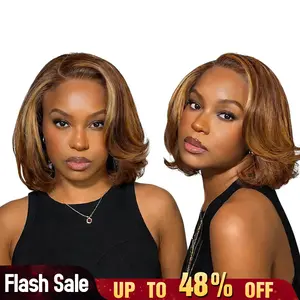 [New In] BGMgirl Brown Highlight Blowout Short Bob Straight 7x5 Lace Wear Go Wig Pre-Styled C Part Design 180% Density Pre-cut Lace Pre Plucked Hairline Glueless Human Hair Wig Fashion Look eve valentines day gift