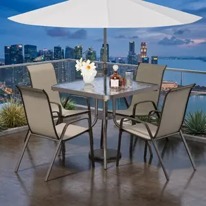 5 Pieces Patio Dining Set, All Weather Metal Furniture, 30"*30" Square Table & 4 Stackable Textilene Chairs, Breathable Outdoor Dining Chairs for Lawn Garden Poolside Backyard Home Leisure