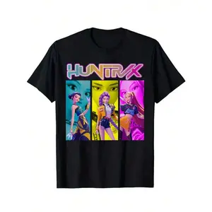 Huntrx Young Demon Hunters Cotton Graphic Tee Black Round Neck Letter Print T-Shirt Machine Washable Color Block Design