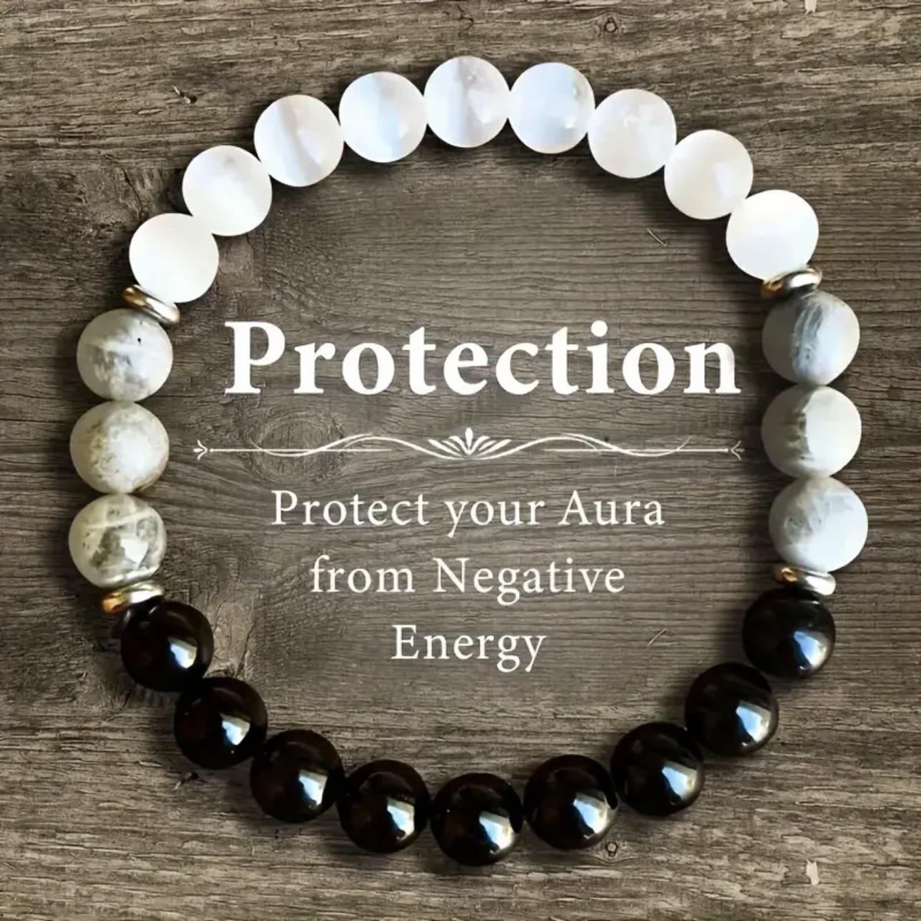 Protection Bracelet - Protect Your Aura From Negative Energies, Black Tourmaline, Selenite And Labradorite Stone Bracelet, 8mm Healing Bracelet