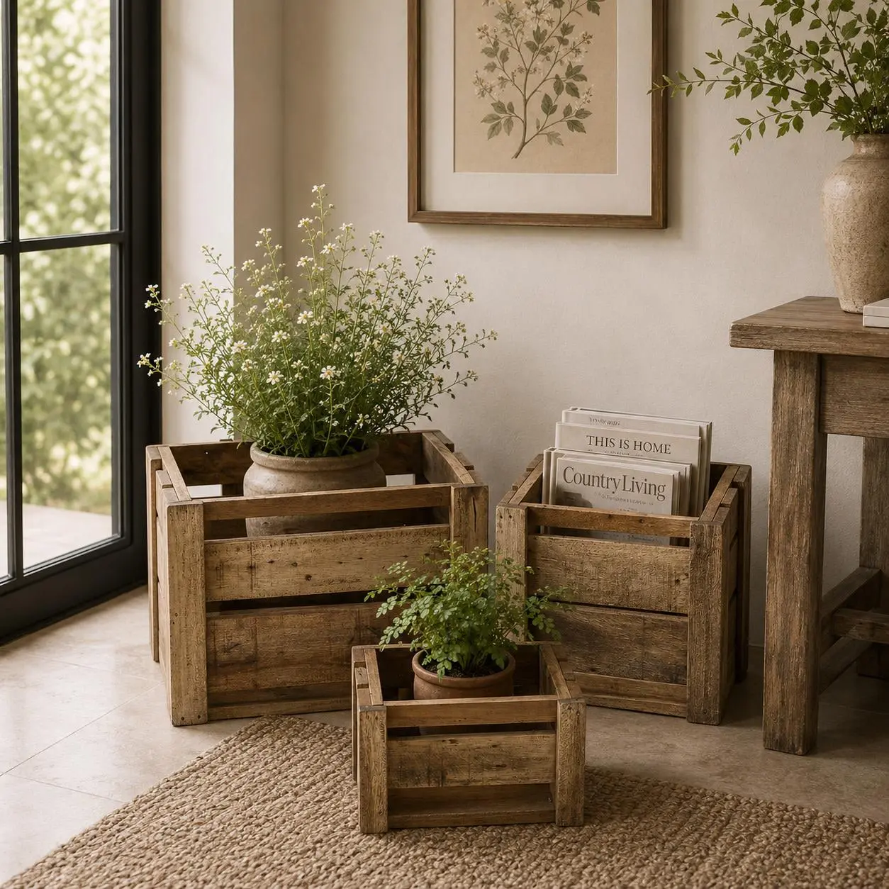 Rustic Farmhouse Decor Handmade Brown Wood Storage Basket Set of 3 (20in, 16in, 13in W) with Handles - Decorative Organiser for Home Supplies