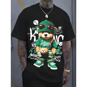 Punk Bear 3D Digital Print Cartoon Bear Pattern Men's T-Shirt, Comfortable Short Sleeve Pullover Top, Men's Outdoor Clothing