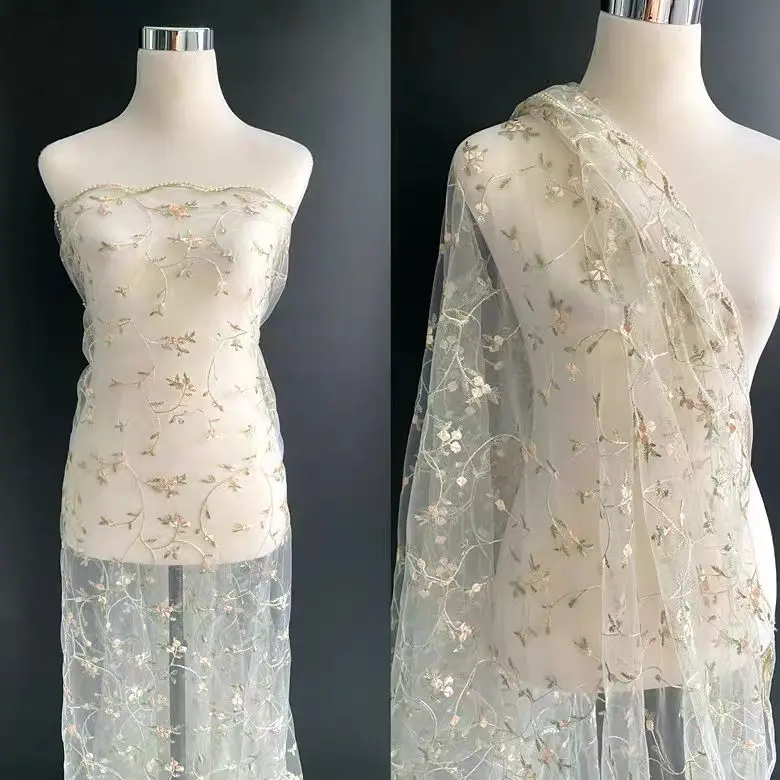 1 piece floral embroidered tulle fabric - sheer mesh with holographic effect for wedding dresses, DIY crafts