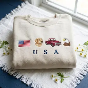 [MADE IN US] Embroidered USA Icons Sweatshirt, Patriotic 4th of July Tee, American Flag Eagle Vintage Truck Dog Shirt, Navy Blue Unisex Crewneck