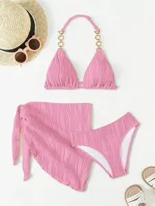 3pcs Teen Swimsuit Set With Gold Accents, Matching Vacation Bikini & Casual Beachwear