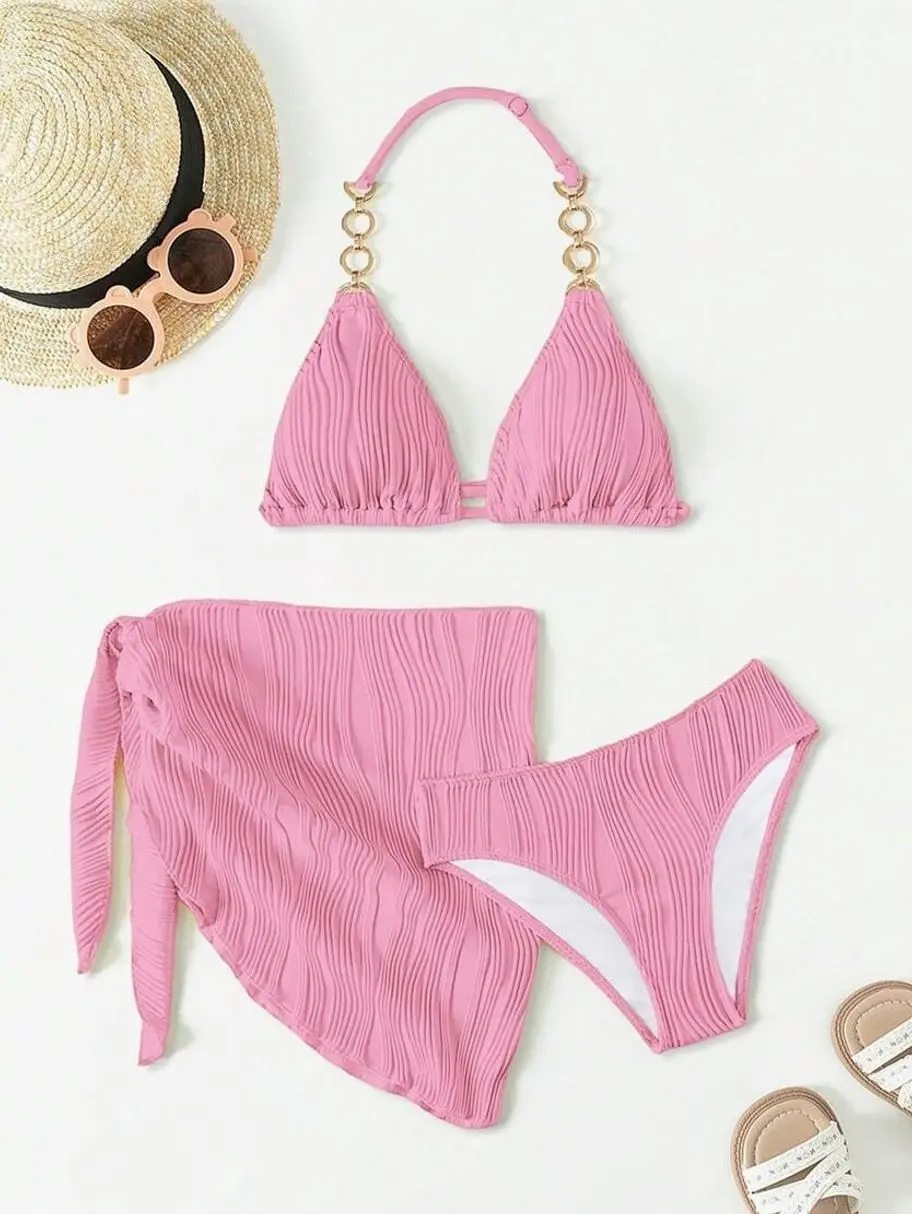 3pcs Teen Swimsuit Set With Gold Accents, Matching Vacation Bikini & Casual Beachwear