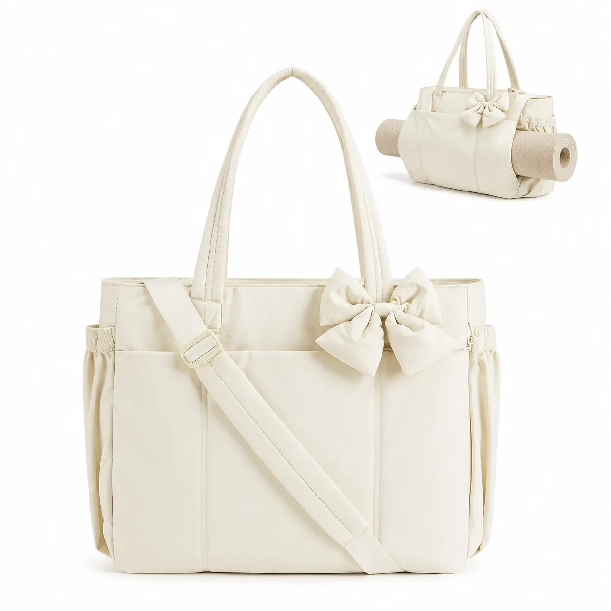 Quilted Down Bags Puffy Tote Bag for Women, Lightweight Quilted Crush Bow Handbag with Multiple Compartments, 15.6" Laptop Friendly for Work & Travel, Tote Bags Women