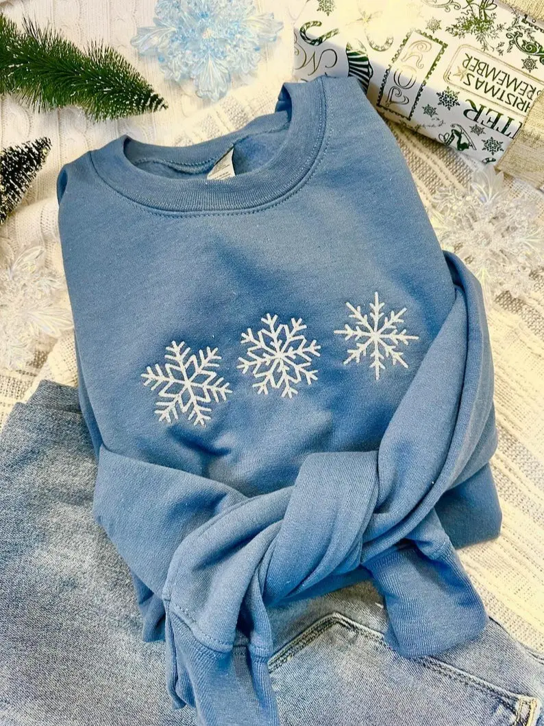 [Made in US] Embroidered Snowflakes Sweatshirt - Simple Winter Crewneck - Cozy Winter Sweatshirt - Minimalist Snowflake Pullover