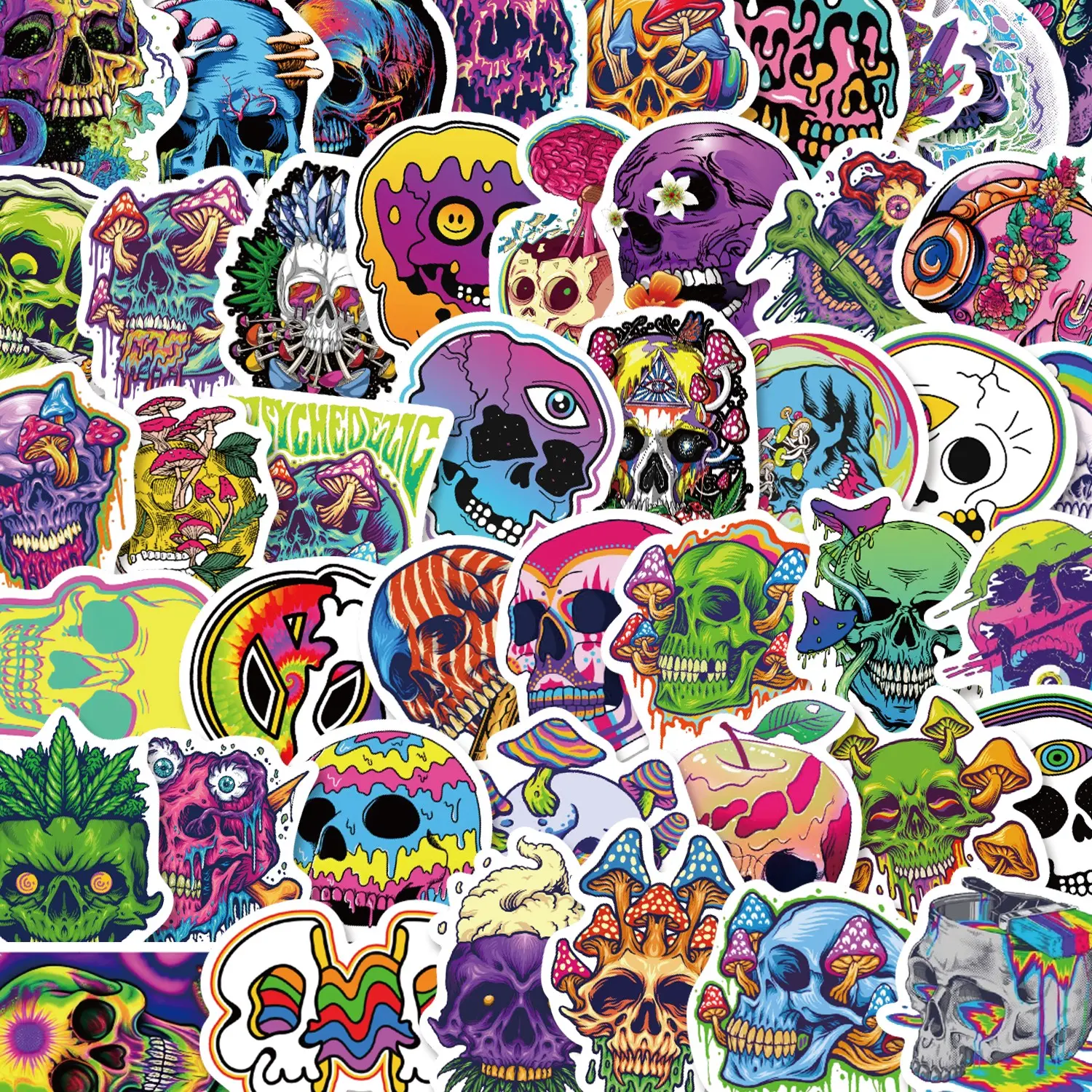 55pcs Trippy Skull Psychedelic Stickers Pack, Waterproof Colorful Trippy Skull & Mushroom Decals for Laptop, Water Bottle, Journal & Scrapbook, Psychedelic Art Lover Gift, Sticker Packs, Stickers For Scrapbooking