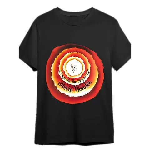 [Iconic Music] Stevie Wonder "Songs in the Key of Life" Graphic Men’s Cotton T-Shirt - Black Short Sleeve Casual Tee with Vibrant Flame Design, Machine Washable, 100% Cotton, Round Neck, Regular Fit