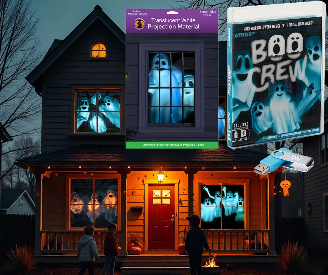 AtmosFX Boo Crew USB + 48" x 72" White Holographic Screen for Halloween Projection