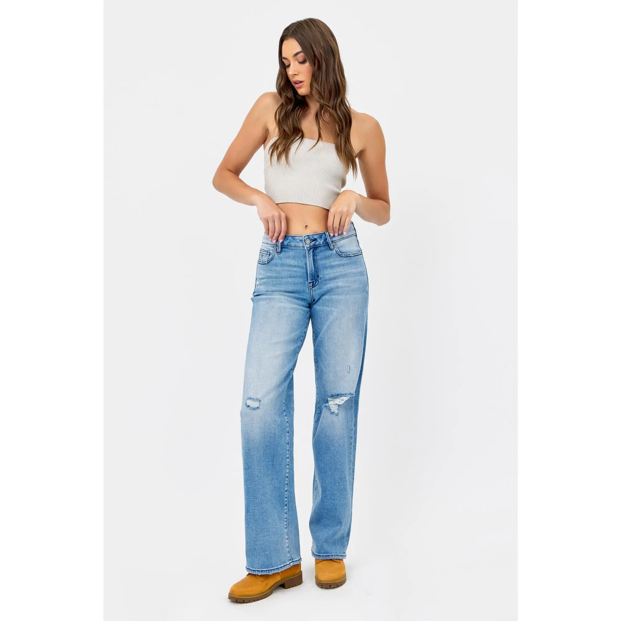 [Logan] Medium Wash Mid Rise Distressed 33" Inseam Dad Jean