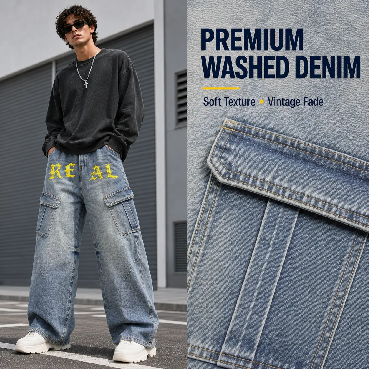Men's & Women Baggy Wide Leg Cargo Jeans, Washed Denim Pants with Utility Pockets, Y2K Hip Hop Streetwear Jeans, Loose Fit Skate Pants with Letter Graphic and Panel Stitching
