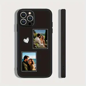 Phone Case - [Straight Edge Heart 2 Pictures] DIY Customized Black Liquid Phone Case, Heart 2 Pictures High-Definition Photo Printing. Suitable for Iphone 16 15 14 13 12 11 Pro Max Plus X Xs Max TPU Material, Anti-Scratch And Wear-Resistant