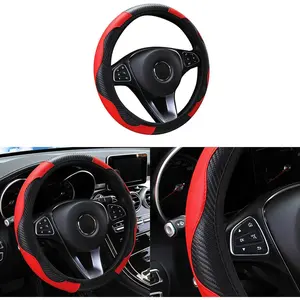 Steering Wheel Cover, 15 inch Carbon Fiber Microfiber PU Leather Elastic Steering Wheel Protector for Men Women, Anti-Slip Breathable  Interior Accessories for   (Red)