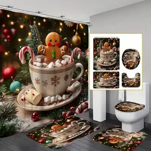 Christmas Gingerbread Man Hot Cocoa Shower Curtain Set, Non-Slip Mat, U-Shaped Rug, Toilet Lid Cover, Perfect Bathroom Decor, Includes 12 Hooks